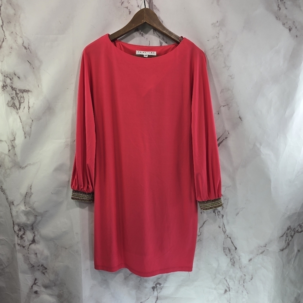 Trina Turk Dress Womens XS Pink Coral Mini Long SleeveStretch Shift Gold Striped